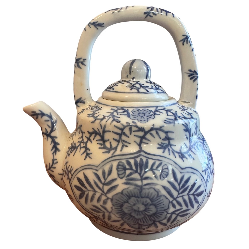 Vintage Teapot Small Blue White Chinoiserie Floral Ceramic Decor